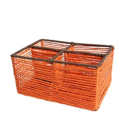 China Sustainable Household Colored Rectangular Shallow Paper Cord Woven Cutlery Storage Basket With Divider for sale