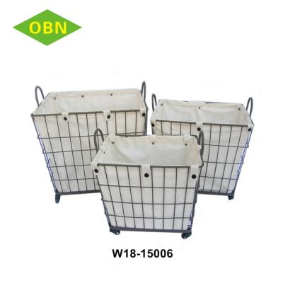 China Sustainable High Quality 3 Set Iron Frame Laundry Trash Can With Liner With Wheels for sale