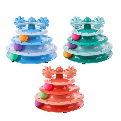 China Stocked Hot Sale Cat Toys Roller 4 Layers Interactive Turntable Ring Ball Track Toy Cat Teaser Stick Turntable Ball Toy for sale