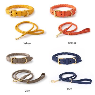 China Sustainable INS Multicolor Custom Logo Braided Leather Adjustment Pet cat dog collar & leash set with solid buckle for small medium pets for sale