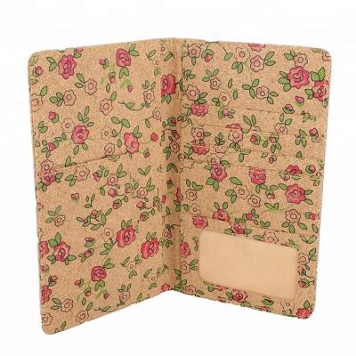 China Eco-Friendly Flowers Printed Cork Lightweight Passport Holder For Travel Portugal Natural Cork Ladies Wallet Waterproof Cork Card Holder Long for sale