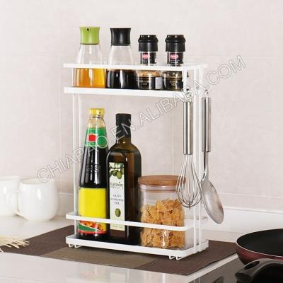 China Sustainable Kitchen 2 Tier Metal Organizer Spice Jar Shelf Spice Bottle Rack Holder Storage Kitchen Spice Rack with Hooks for sale