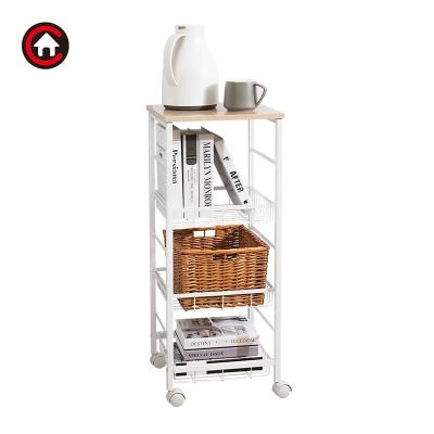 China Sustainable 4-Tier Metal Rolling Utility Cart Kitchen Trolley Rolling Storage Cart with Wood board and wheels for sale