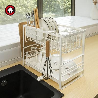 China Sustainable 2 Tier Dish Drying Rack Utensil Holder Plate Storage Holder with tray for Counter Sink Kitchen for sale