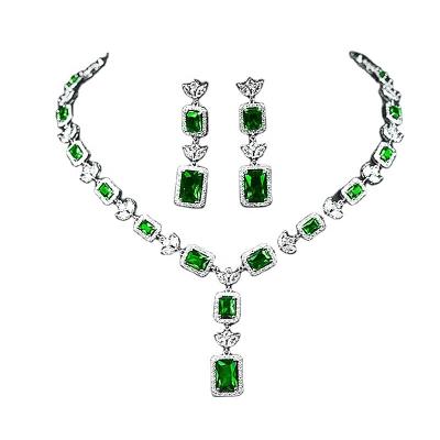 China FASHIONABLE Luxury Wedding Zircon Jewelry Set Red Green Yellow Blue Necklace Earring Set Bride Gift Two Piece Set for sale