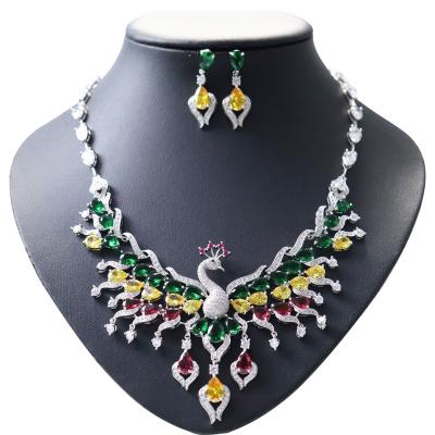 China 2022 Hot Sale AAA Peacock Zirconia Hot Sale Big Gem Bride Jewelry Set Earrings Necklace For Wedding Party Jewelry Set for sale