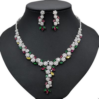 China Fashion Flower Bride Party Jewelry Set AAA Zircon Flower Design Women's Wedding Party Necklace Earring Jewelry Set Two Piece Set for sale