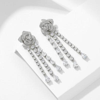 China FASHIONABLE long luxurious and high-grade camellia zircon water drop earrings are suitable for walking show lining and matching wedding ear for sale