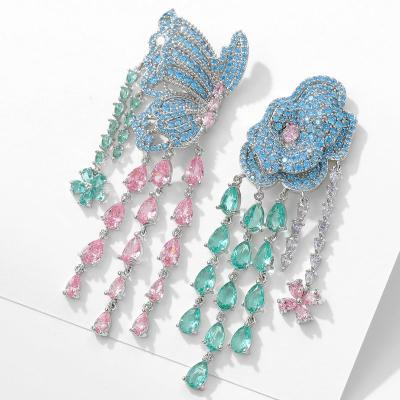 China CLASSIC Garment Jewelry with Silver Wings Zircon S925 Needle Face Butterfly Water Drop Long Decorative Tassel Earrings for sale