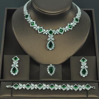 China 4 Pieces Zircon Bridal Women's Set Jewelry Flower Party Jewelry Set Green Red Silver Multicolor Available Gift Pie for sale