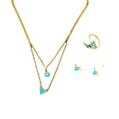 China High Quality Jewelry Set Classic Fashion Set Stainless Steel Necklace Set In Blue Turquoise + God's Eye 18K Gold Plating for sale