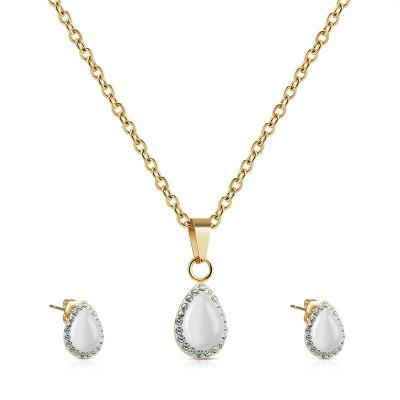 China High Quality Jewelry Set 2021 Opal Stainless Steel Necklace And Natural Earring Set Couple Water Drop Micro Set With Diamond 18K Gold for sale