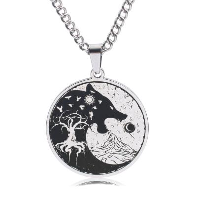 China Vintage Viking Sun Moon Wolf Head Viking Necklace Stainless Steel Odin Celtic Wolf Head Tree Life Pendant Necklace for sale