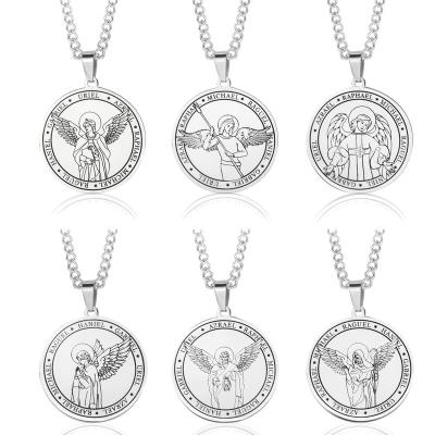 China Stainless Steel Seven Angels Necklace Pendant Religious Men's Punk Round Angel Wings Medal Necklace for sale