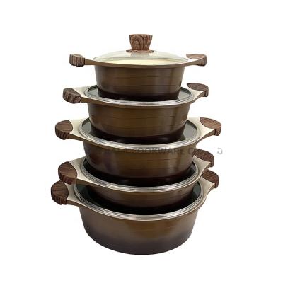 China 10pcs wooden cookware non stick cookware sets aluminium cooking pot set marble aluminium cookware utensils set kitchen for sale