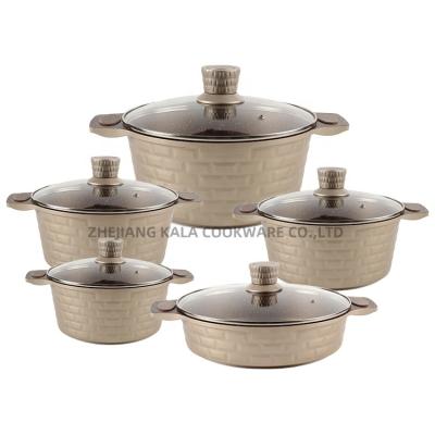 China 10pcs cookware sets non stick marble cookware set good selling aluminium cooking pot set nonstick cookware soft touch handle for sale