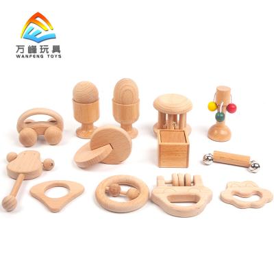 China Beech Wood Baby Toys Montessori Grasp Wooden Teether Rattle Ball Beads Locking Discs Gift Set for Newborn Boy Girl 0-12Month for sale