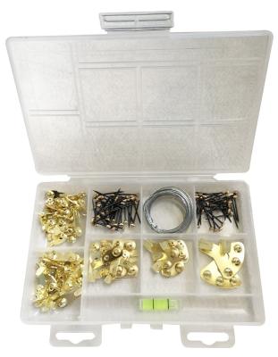 China Retail Industry 123 Pcs Professional Brass Picture Hook Hanging Kit For Wall Mount With Pin Nails One Level Free for sale