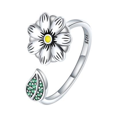 China Nickel Free 925 Sterling Silver Flower Green Zircon Leaf Open Adjustable Rings For Women Jewelry Gift for sale