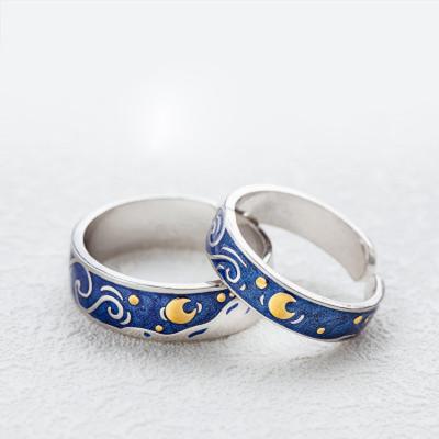 China Fashion 925 Sterling Silver Korean Van Gogh Starry Sky Moon Couples Open Adjustable Rings Nickel Free For Lovers for sale