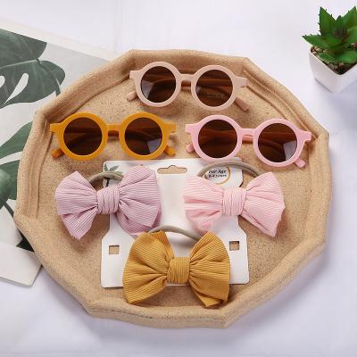 China Fashion Children's Sun Glass Belt Combination Set Fashion Cartoon Baby Glass Parasol Cotton Solid Color Big Bow Headband for sale