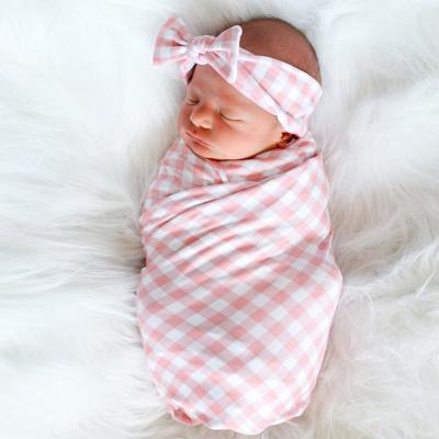 China Breathable Newborn Plaid Wrapped Wrap Blanket Towel Pale Pinks Hair Belt Set Baby Turnout Comforter Photo Blanket for sale