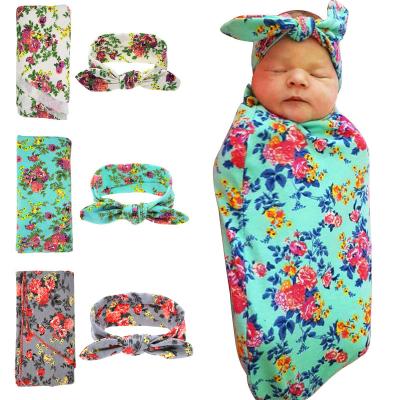 China Baby Breathable Cotton Knotted Headband And Wrap Set Printed Floral Wrapped Blanket Wrapped Towel for sale