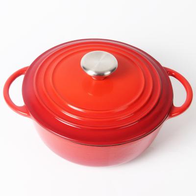 China Sustainable Gradient Red Cast Iron Kitchen Cooking Casserole With Enamel Coating Classic Round Pot With SS Knob for sale