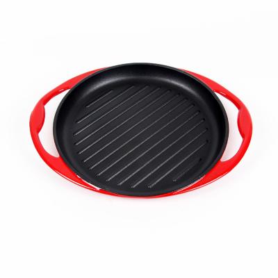 China Best Selling Viable Wooden Cast Iron BBQ Pan Handle Grill Pan Meat Grill Pan for sale