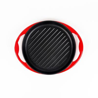 China Sustainable Enamel Steak Stripe Casserole Cast Iron Roasting Griddle Steak Frying Grill Pan for sale