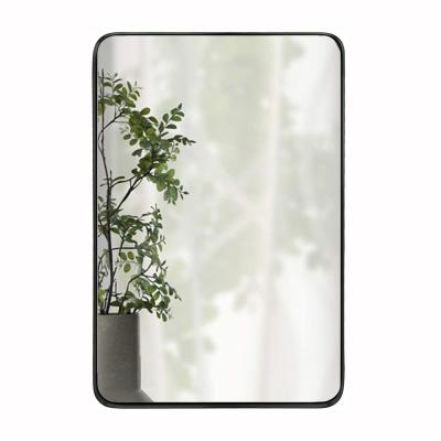 China Minimalist Rectangle Metal Frame Rounded Corner Panel Bathroom Decorative Wall Mounted Glass Mirror for sale