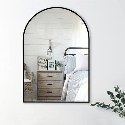 China Silver Metal Framed Wall Hanging Bathroom Mirror Modern Minimalist Style Arch Shape for sale