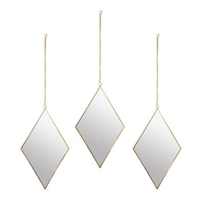 China Minimalist Metal Decor Diamond Metal Gold Frame Wall Hanging Chained Luxury Home Mirror Small for sale