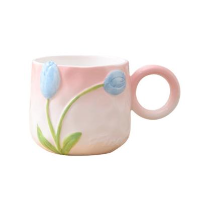 China Contemporary Hand Painted Tulip Mug Couple Ceramic Mug Embossed Flower Mug Appearance Level Statistical Wind High Accompanied Hand Salvation Water Mug for sale