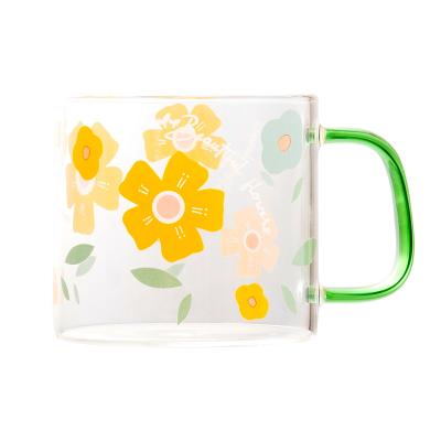 China Flower Pattern Wholesale Fresh High Borosilicate Glass Household Milk Oatmeal Breakfast Cup Small Ins. Roll Up Flower Heat Resistant Tea Cup for sale