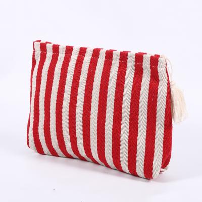 China Reusable Custom Organic Canvas Makeup Logo Zipper Stripe Twill Travel Cosmetic Bag for sale