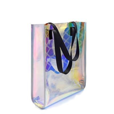 China Customized Eco Friendly Holographic PVC Handled Transparent Tote Bag Shopping Bag for sale