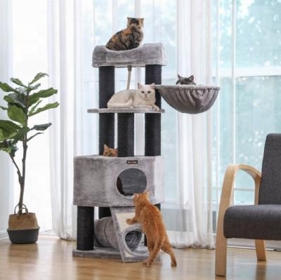 China Sustainable Wooden Pet Cat Scratching Tree, Modern Luxury Scratcher Cat Climbing Tree Wood Cat Tree with Sisal Covered Scratching Posts for sale