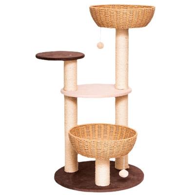 China Hot Selling Funny Rattan Viable Cat Tree For Large Cats Cat Tree House Tower Wood Scratcher New Design Wooden for sale