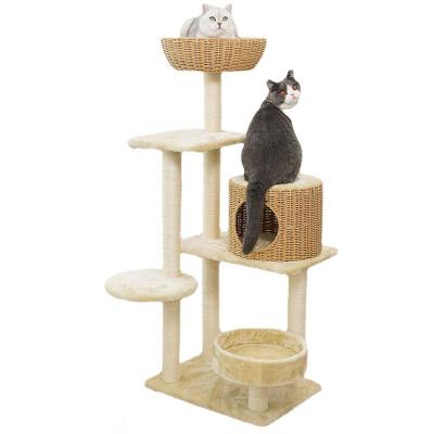 China Modern Stylish Fur Cat Scratching Tree Rattan Condo Newest Sustainable Fashion Multi-levels for sale