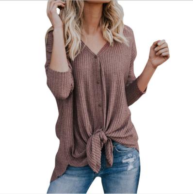 China Viable Women's Waffle Knit Knot Henley Tops Loose Fitting Bat Wing Plain Tunic Blouse Tie Shirts for sale