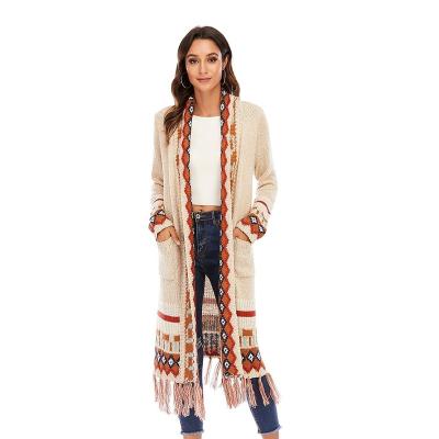 China Bohemian Women's Knitted Tassel Cardigan Sweater QUICK DRY Long Ladies Cardigan Sweater With Pocket For Women for sale