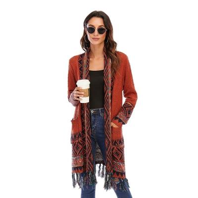 China Elegant QUICK DRY Autumn Winter Long Bohemian Knit Women's Casual Cardigan Sweater With Tassel For Women for sale