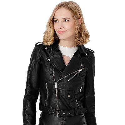 China Wholesale Ladies Anti-wrinkle Leather Trim Jacket Coat Zippered Faux Locomotive Casual Top Bomber Coat Pockets Flight Short Coat for sale