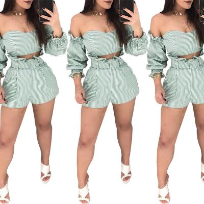 China New Arrival QUICK DRY Women Off Shoulder Ruffle Crop Top High Waist Stripes Shorts 2 Piece Set Women for sale