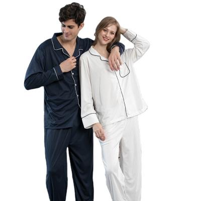 China Breathable Unisex Plus Size Long Sleeves Button Down Shirt Pajamas 2pcs Lounge Wear Silk Pajamas for sale