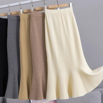 China Autumn Women Fashion Pure Color Breathable Mid Long Mermaid Knitted Skirt for sale