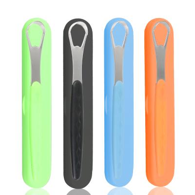 China Hot Selling Effectively Clean Stainless Steel Tongue Cleaner Tongue Scraper With Colored Handle For Oral Care for sale