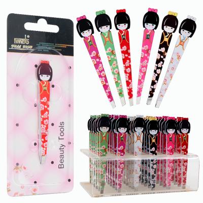 China Eyebrow Stainless Steel Eyebrow Tweezers Tweezers In Colorful Japanese Doll Shape for sale