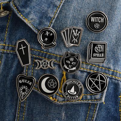 China Dark Black China Halloween Party Props Punk Ouija Board Moon Heart Crystal Ball Charms Witches Coffin Enamel Lapel Pin Badge for sale